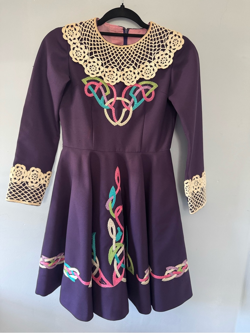 Vintage Irish Dance Solo Dress Purple Celtic Embroidery Crochet Collar Youth